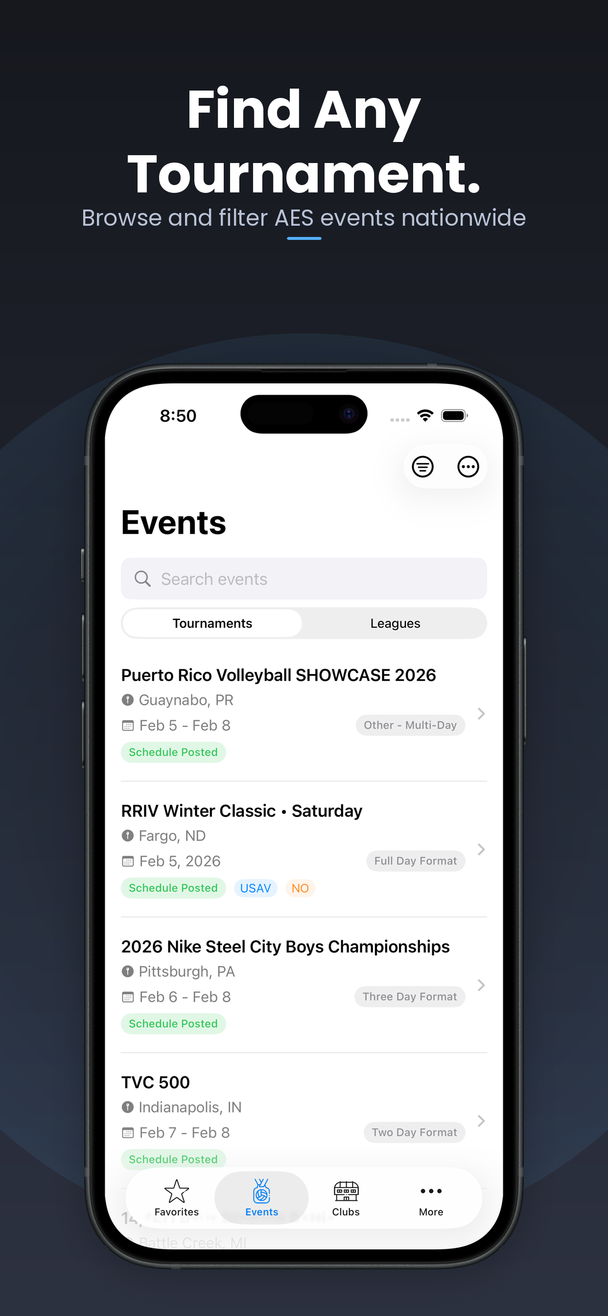 Events screen showing tournament list