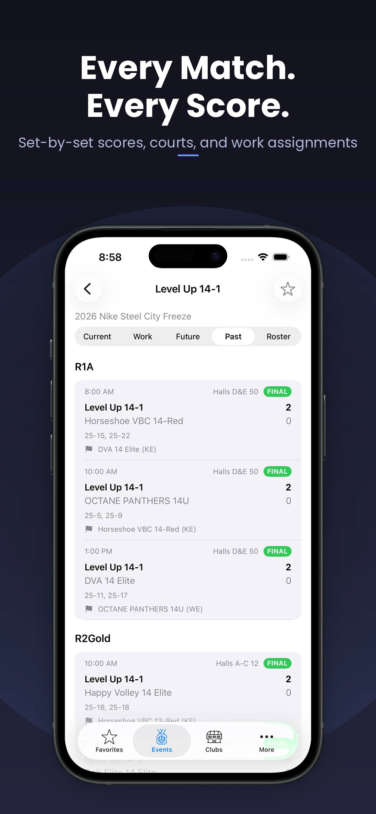 Matches screen showing game schedule