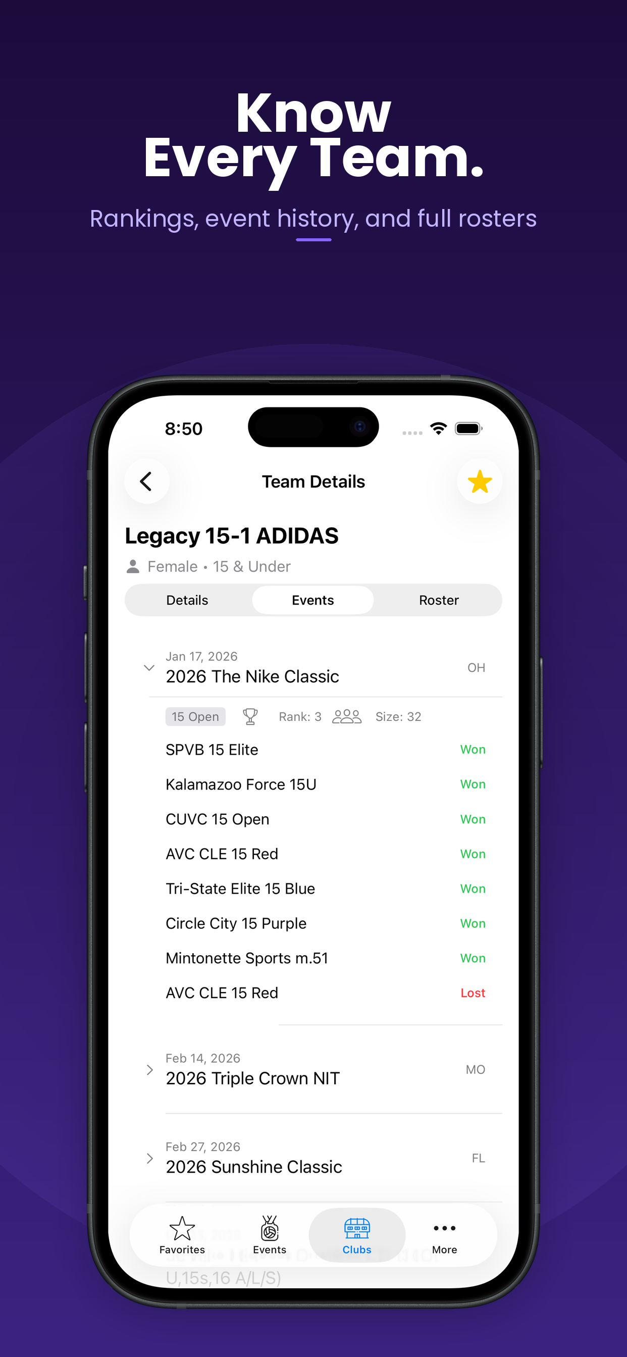 Teams screen showing club information